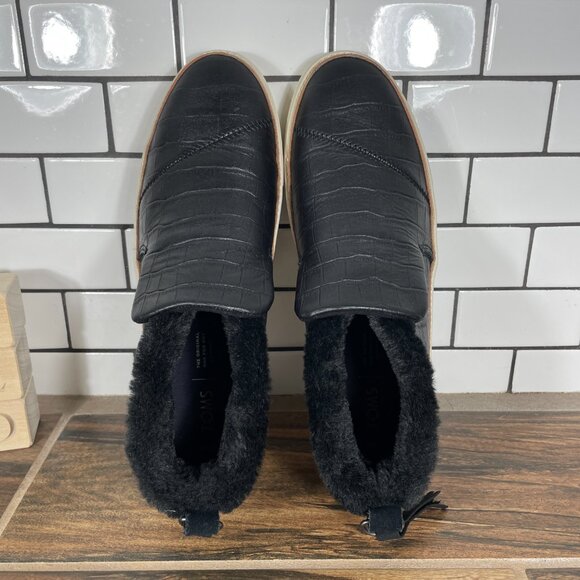 Toms Paxton Womens Size 8.5 Shoes Black Croc Embossed Leather Faux Fur Sneaker - Picture 6 of 13